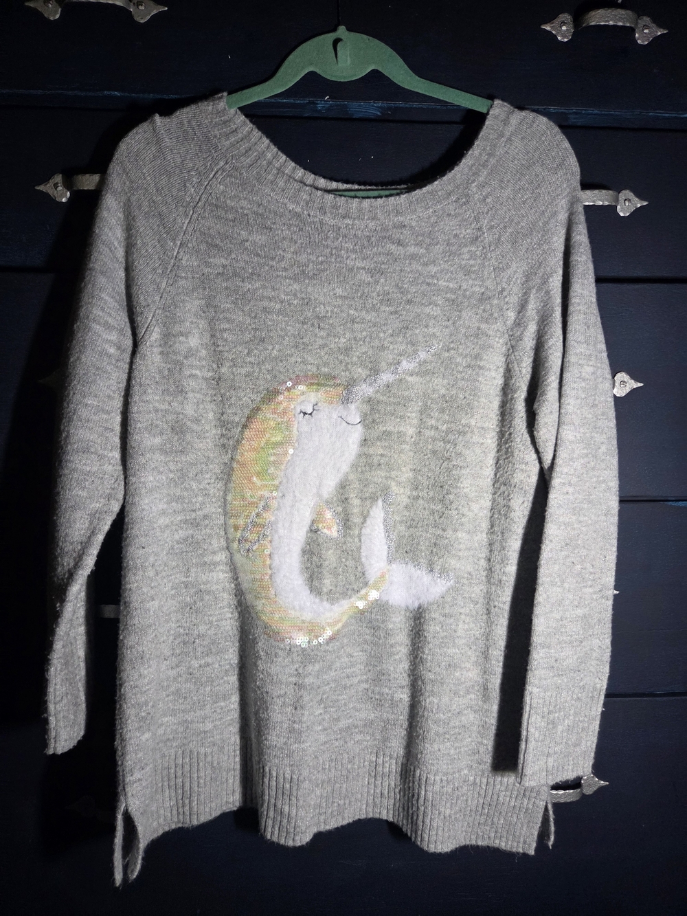 LC Lauren Conrad Gray Sequin Narwhal Tunic Sweater, Size L